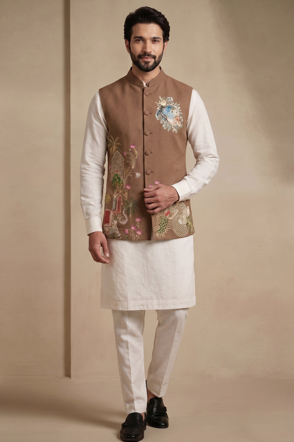 Off White Viscose Embroidered Kurta Pajama with Jacket