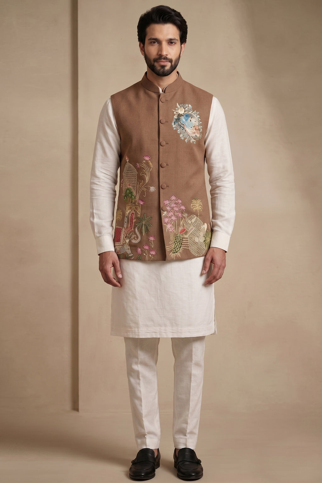 Off White Viscose Embroidered Kurta Pajama with Jacket