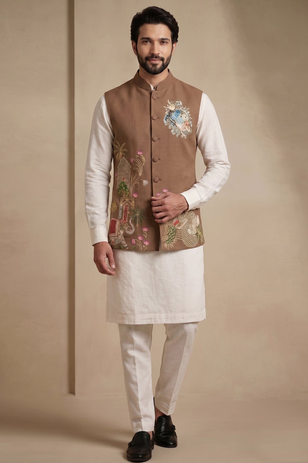 Off White Viscose Embroidered Kurta Pajama with Jacket