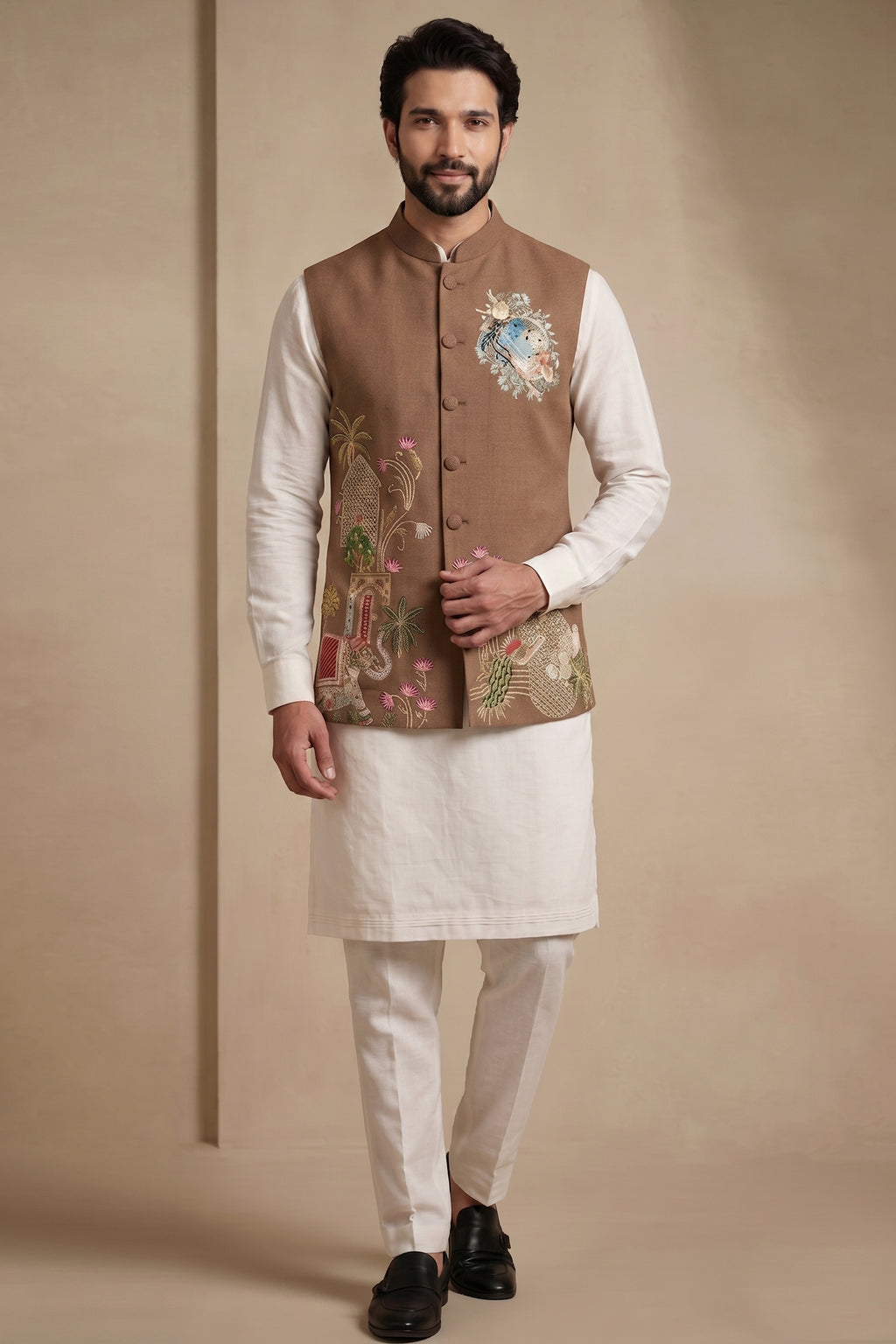 Off White Viscose Embroidered Kurta Pajama with Jacket