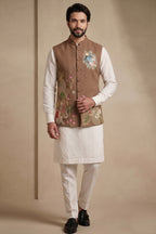 Off White Viscose Embroidered Kurta Pajama with Jacket