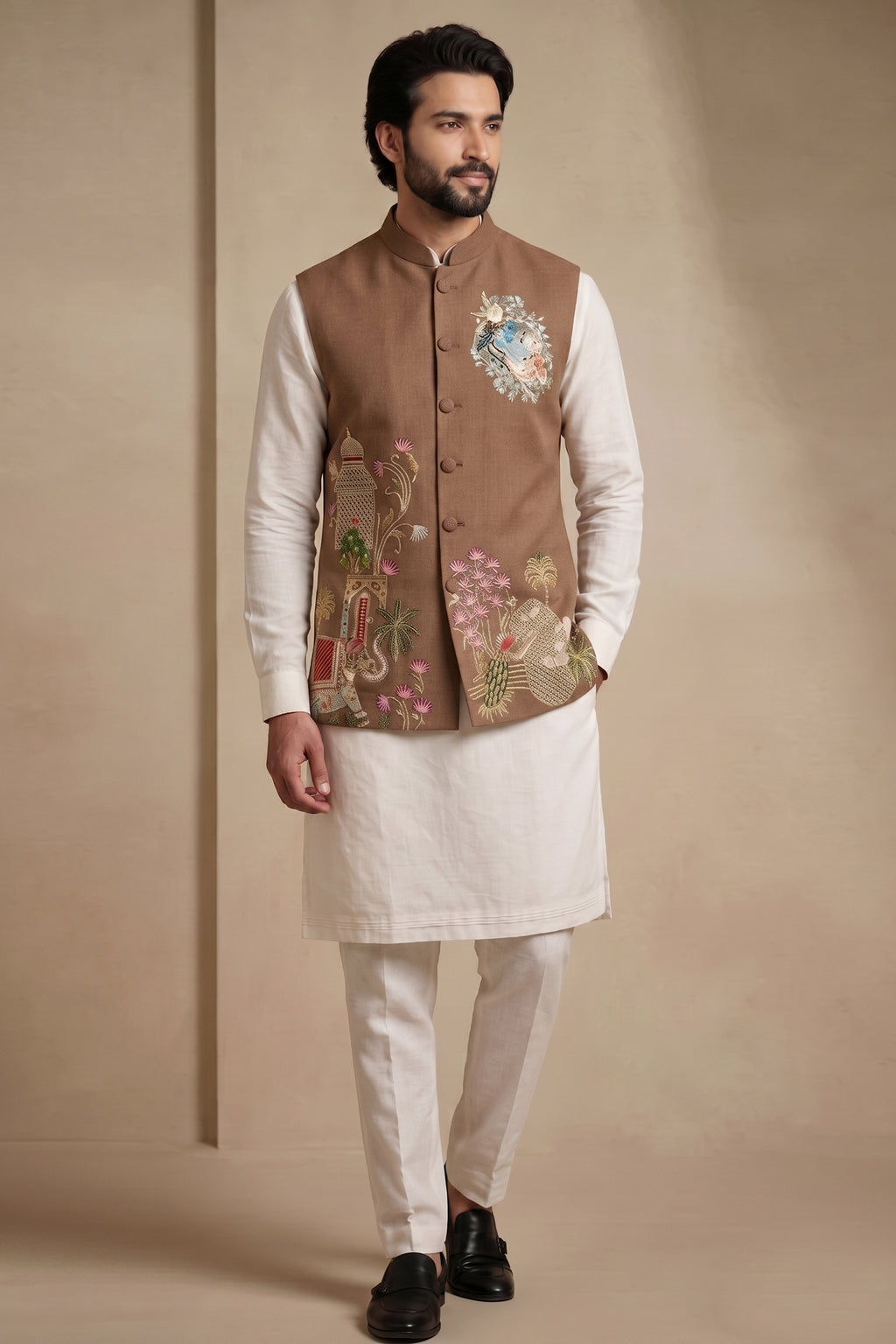 Off White Viscose Embroidered Kurta Pajama with Jacket