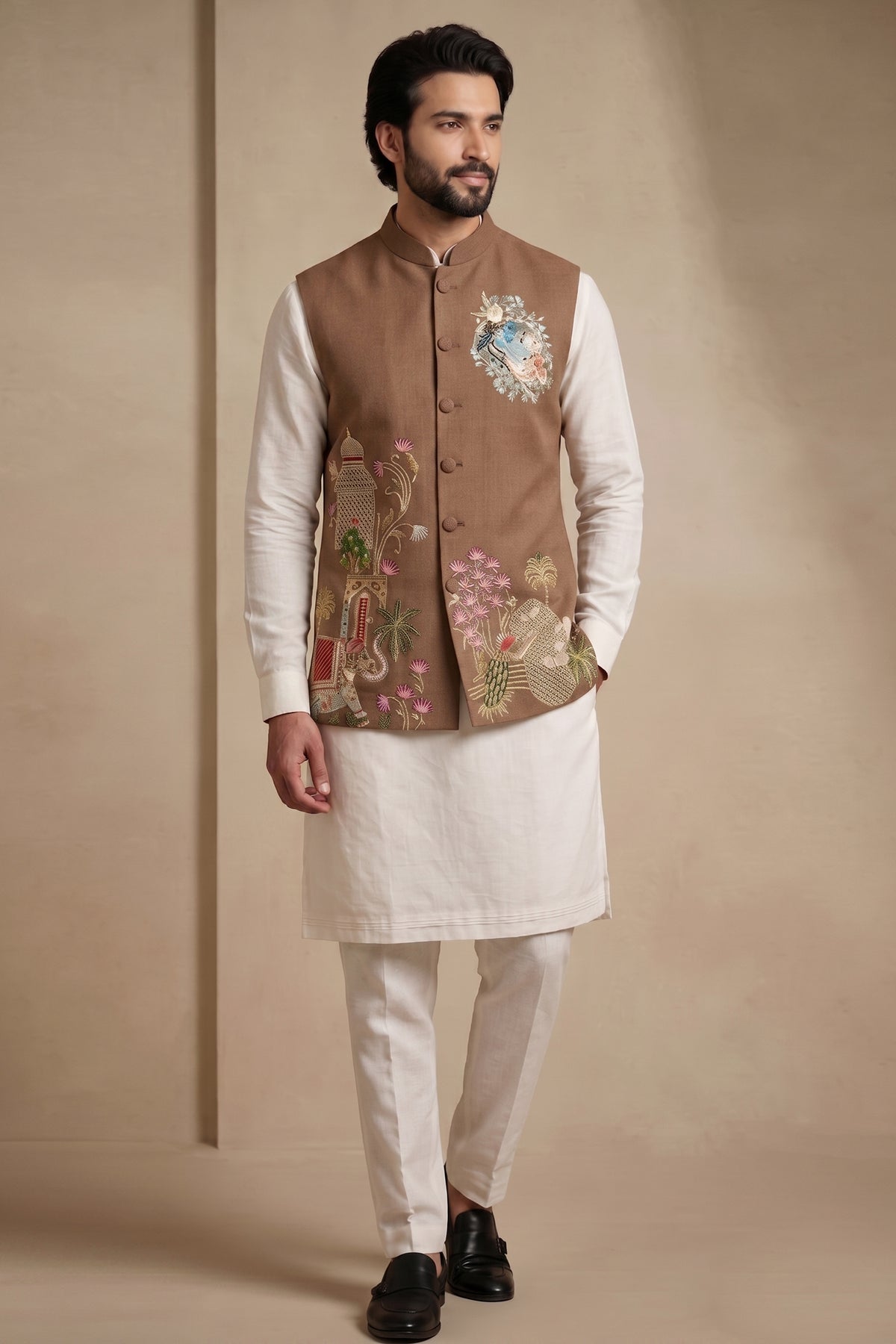 Off White Viscose Embroidered Kurta Pajama with Jacket