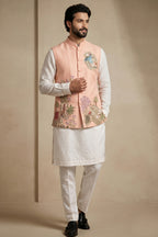 Off White Viscose Embroidered Kurta Pajama with Jacket