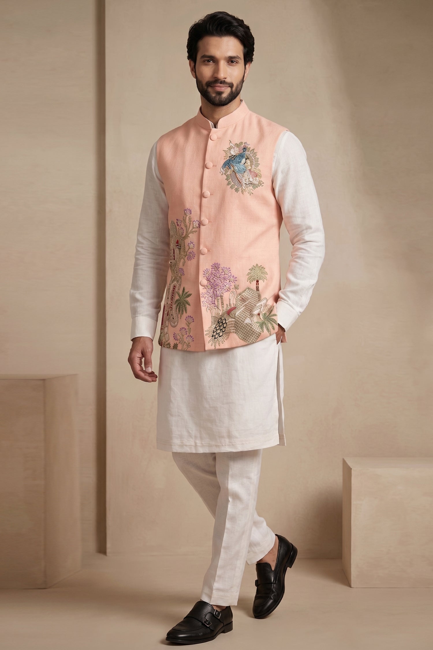 Off White Viscose Embroidered Kurta Pajama with Jacket