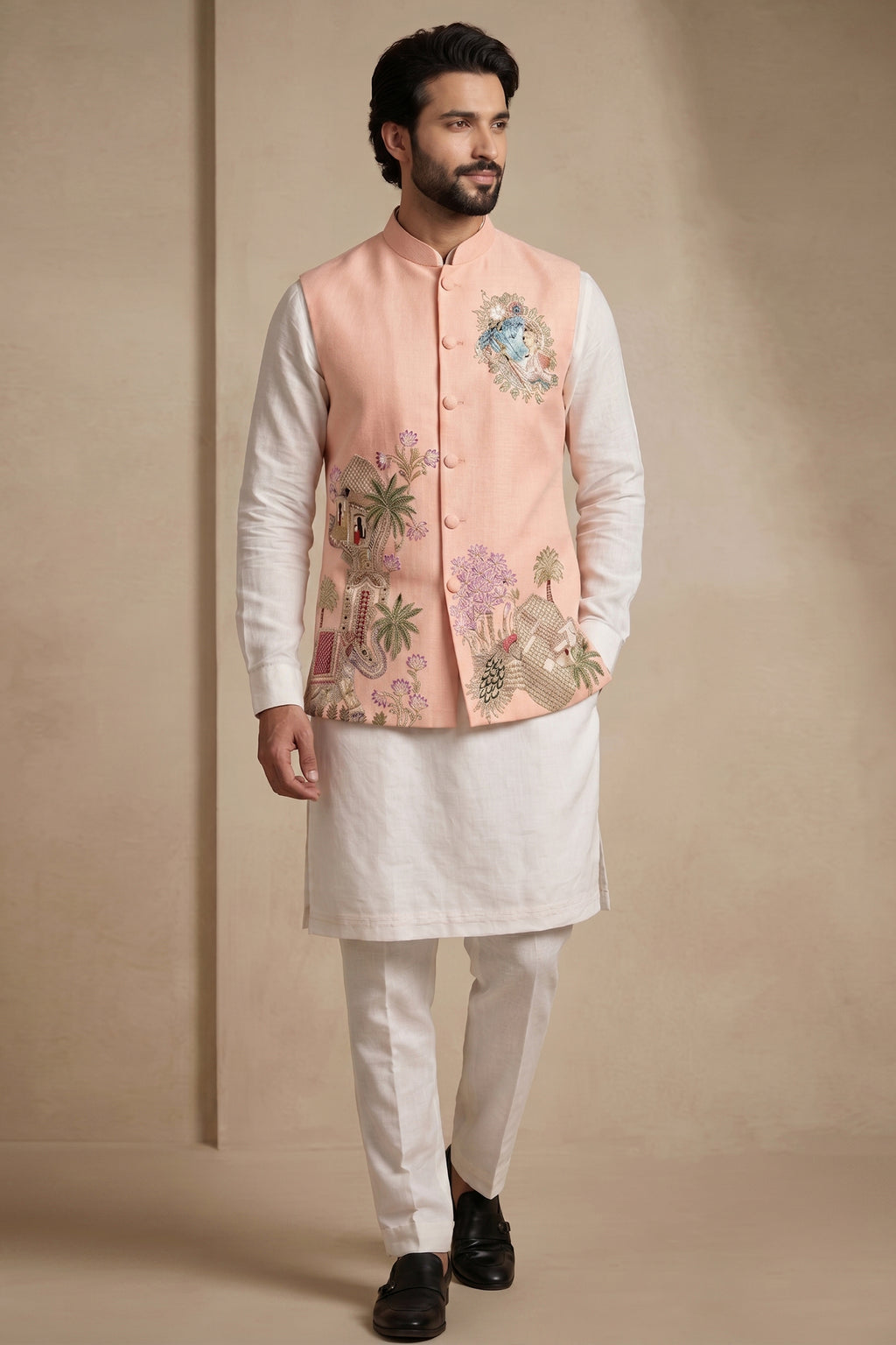 Off White Viscose Embroidered Kurta Pajama with Jacket