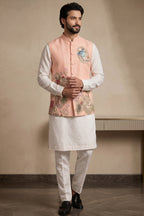 Off White Viscose Embroidered Kurta Pajama with Jacket