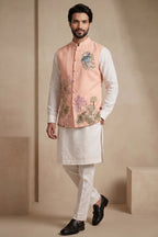 Off White Viscose Embroidered Kurta Pajama with Jacket