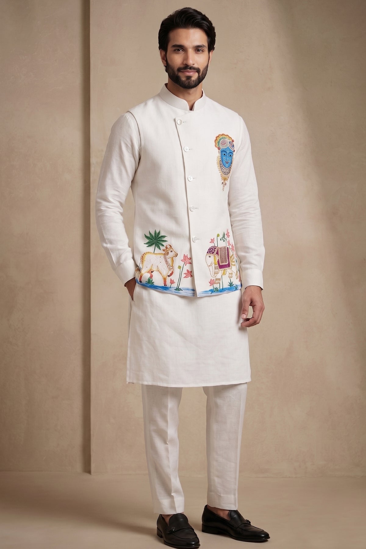 Off White Viscose Embroidered Kurta Pajama with Jacket