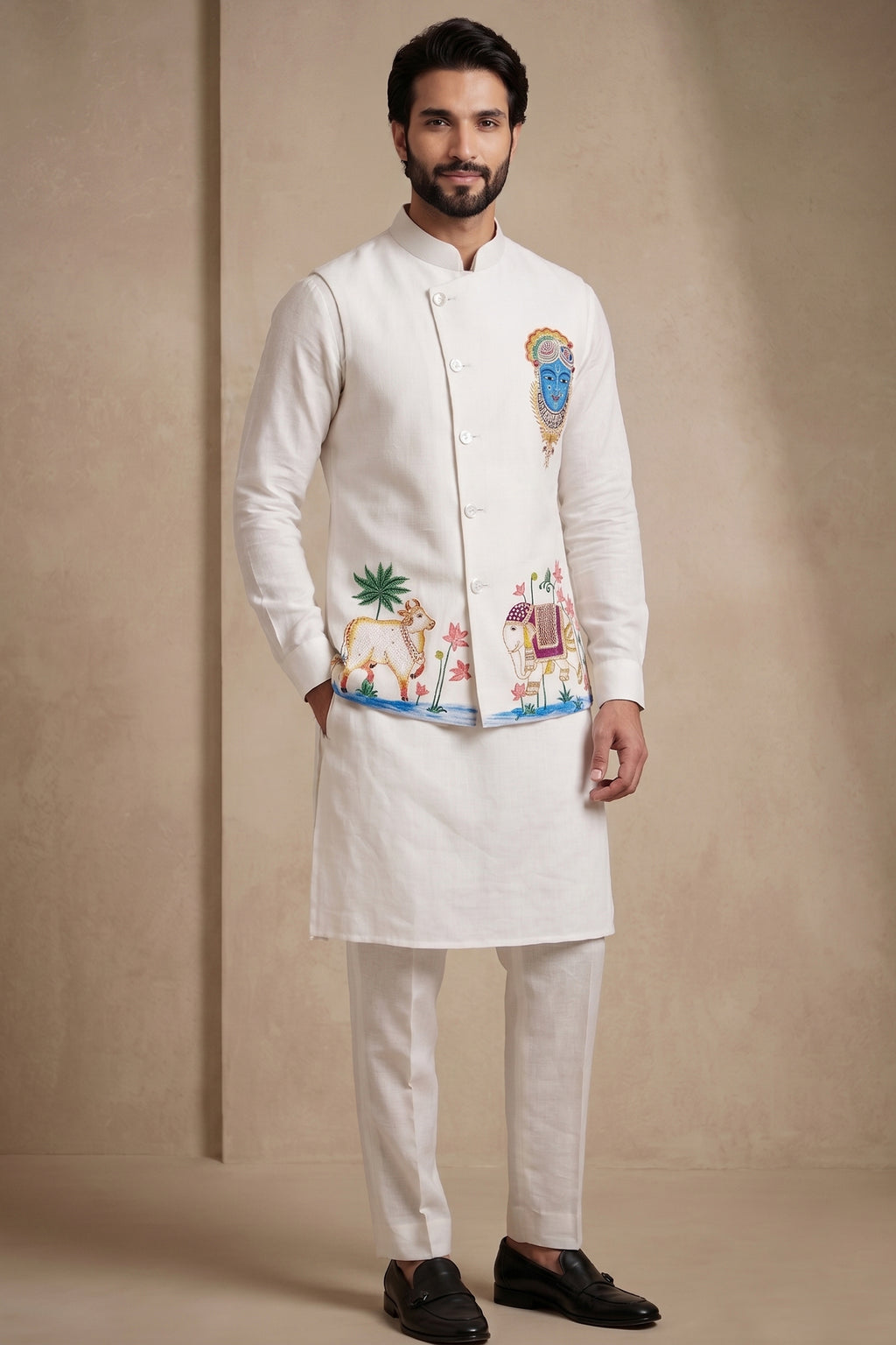 Off White Viscose Embroidered Kurta Pajama with Jacket