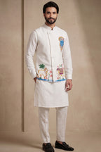 Off White Viscose Embroidered Kurta Pajama with Jacket