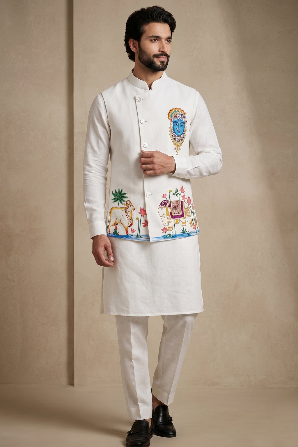Off White Viscose Embroidered Kurta Pajama with Jacket