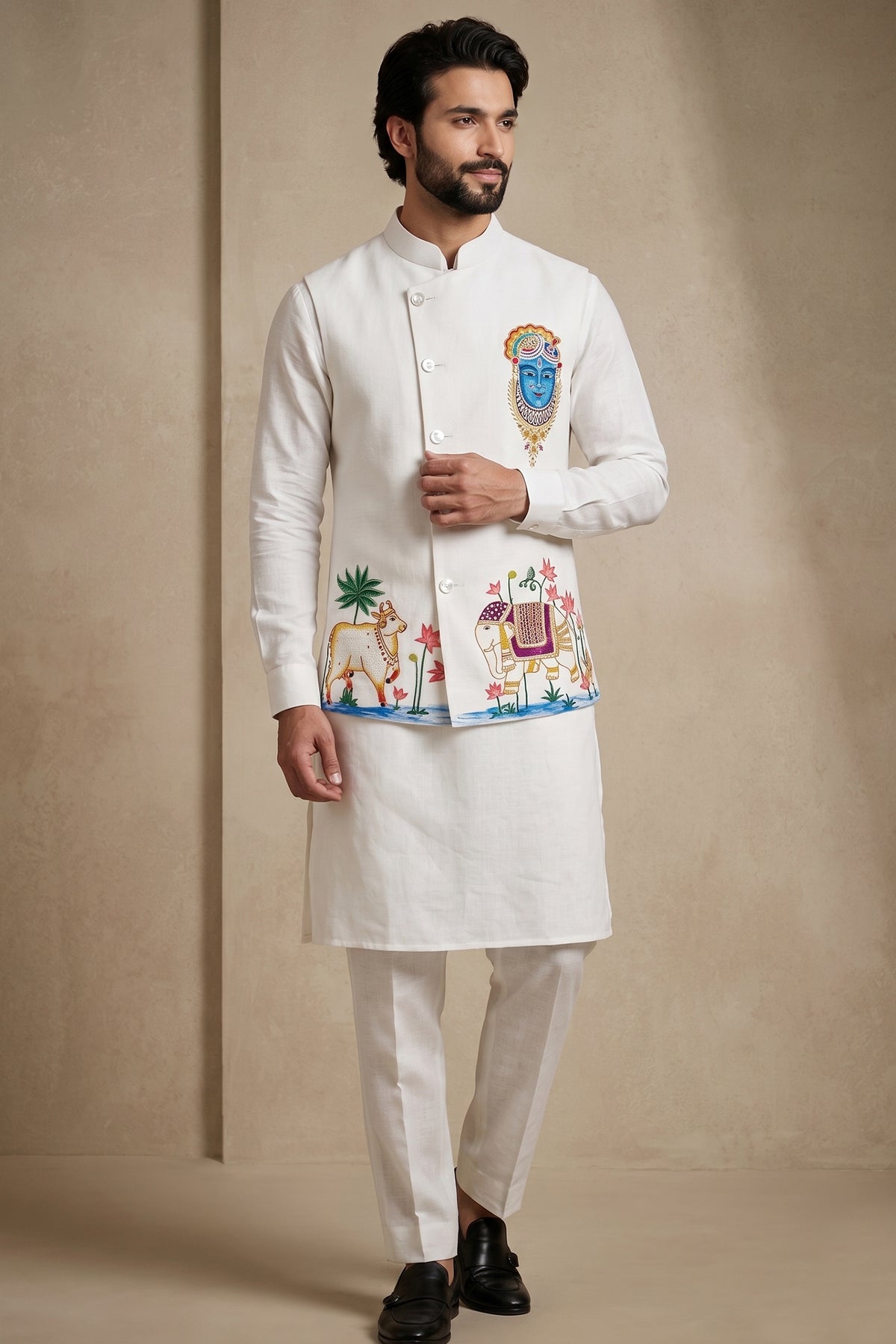 Off White Viscose Embroidered Kurta Pajama with Jacket