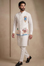 Off White Viscose Embroidered Kurta Pajama with Jacket
