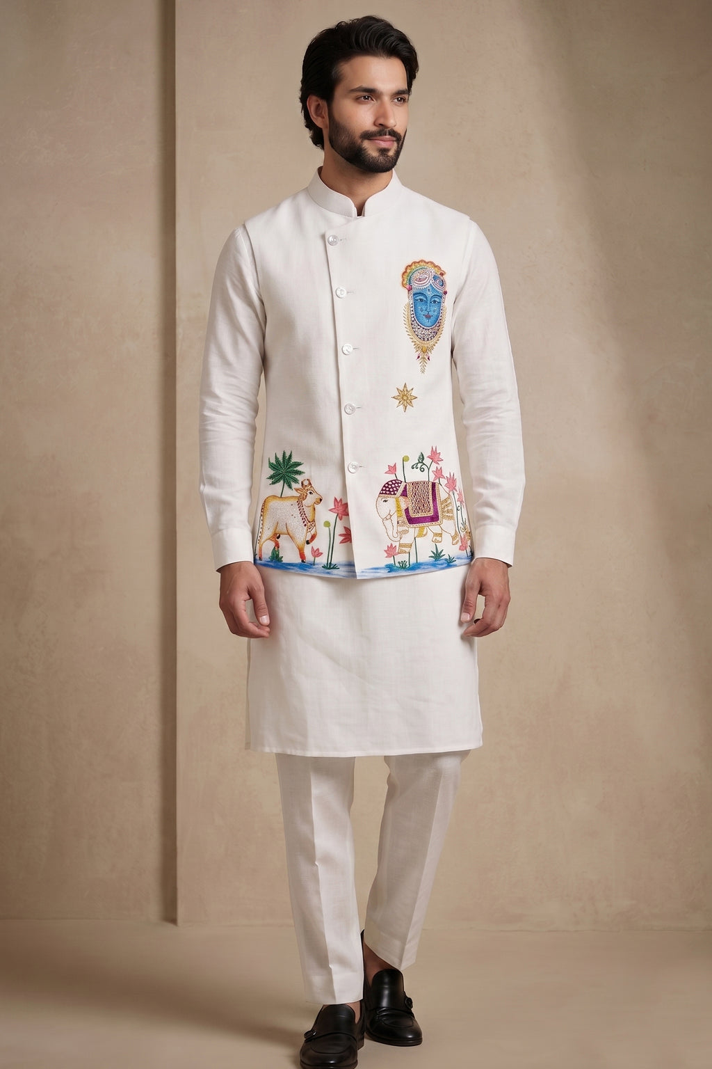 Off White Viscose Embroidered Kurta Pajama with Jacket
