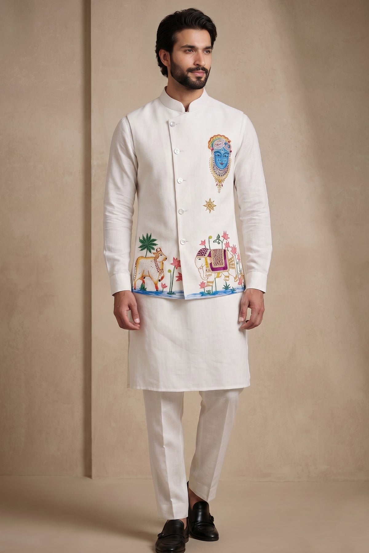 Off White Viscose Embroidered Kurta Pajama with Jacket