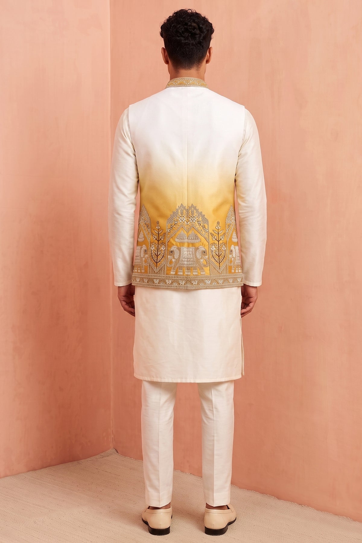 Off White Banarasi Silk Embroidered Kurta Pajama with Jacket