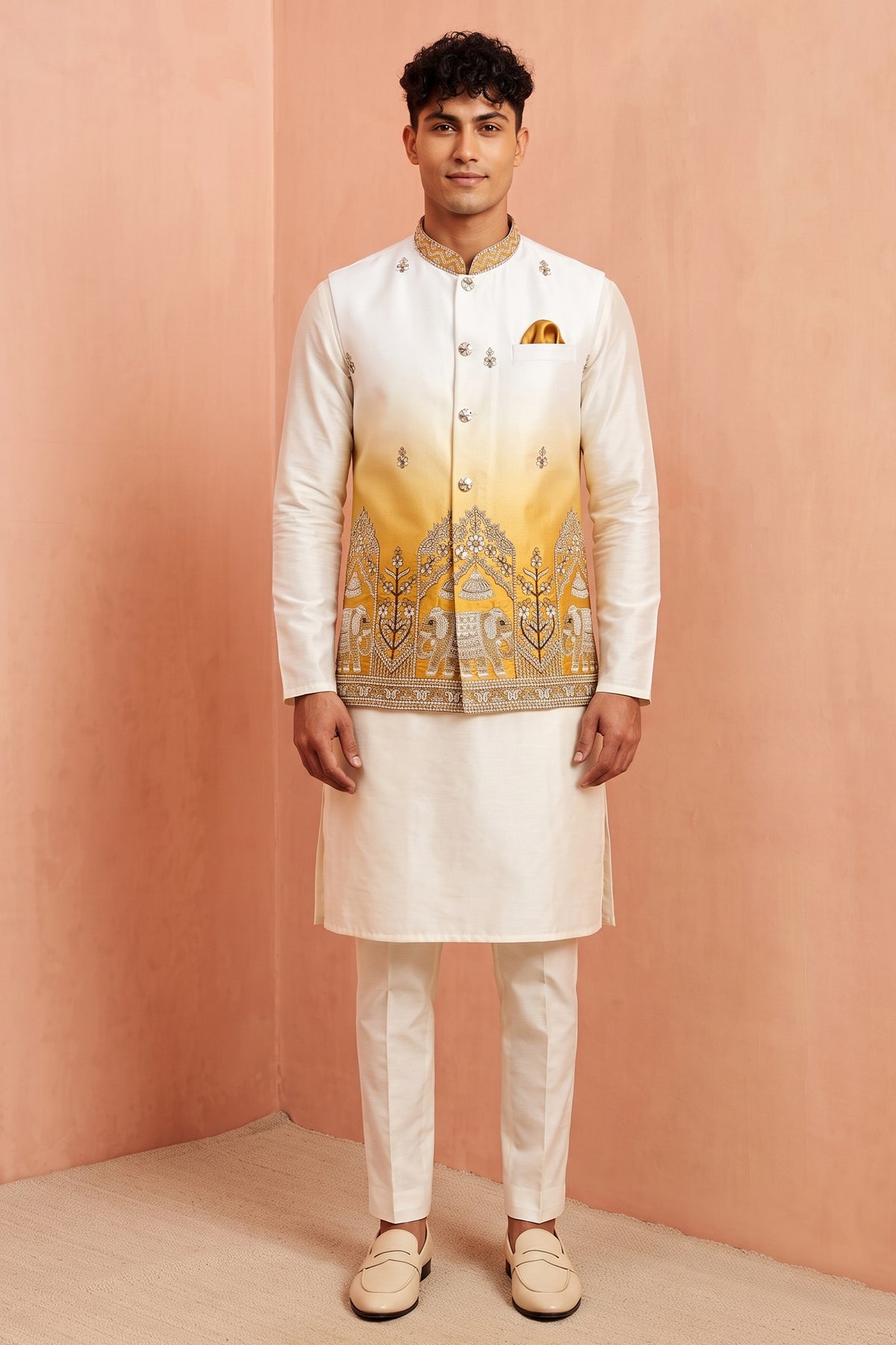 Off White Banarasi Silk Embroidered Kurta Pajama with Jacket
