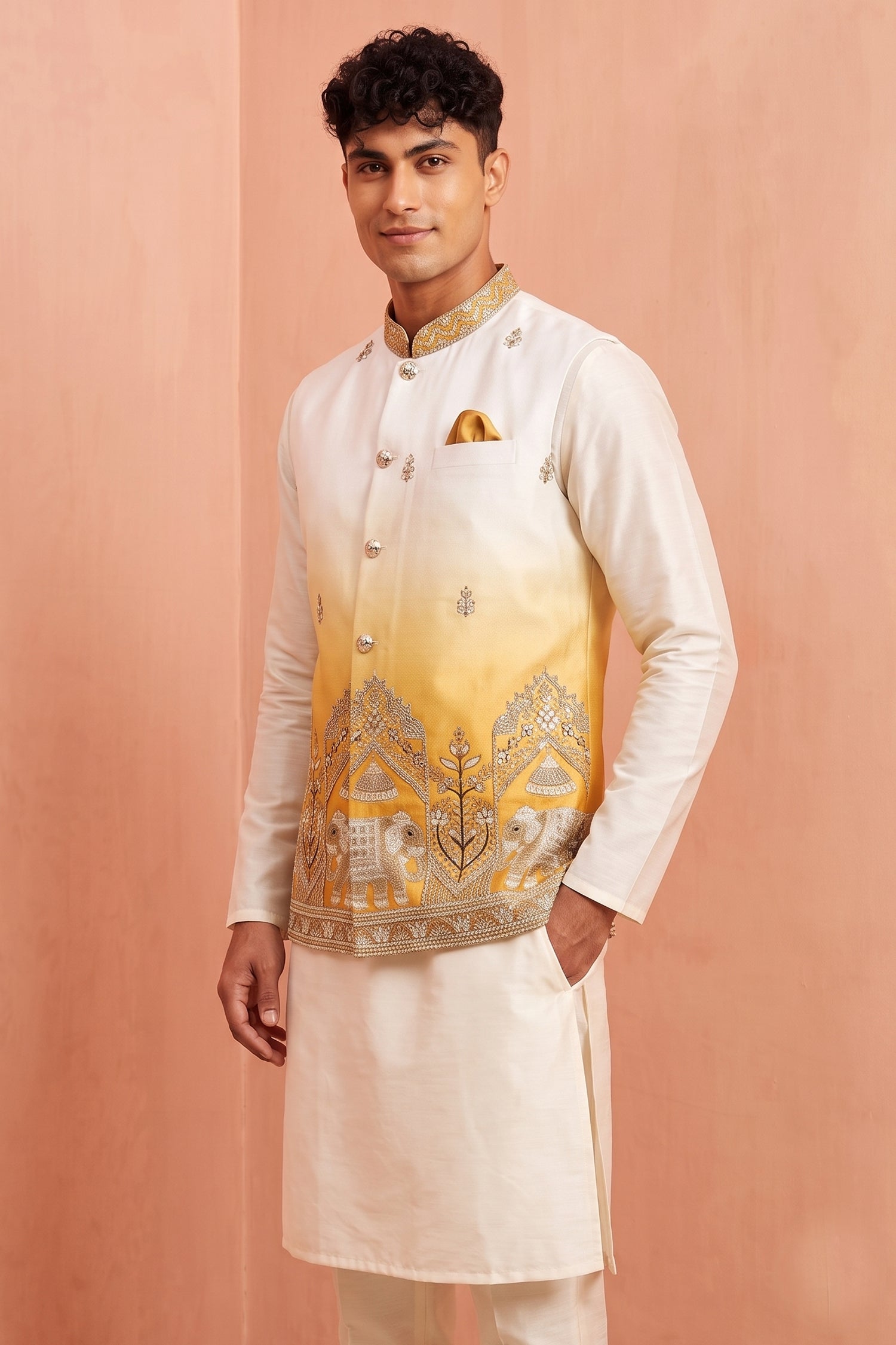 Off White Banarasi Silk Embroidered Kurta Pajama with Jacket