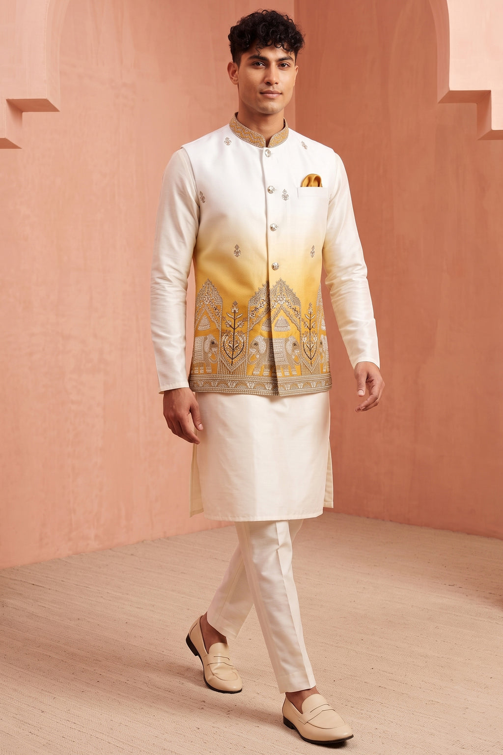Off White Banarasi Silk Embroidered Kurta Pajama with Jacket