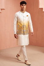 Off White Banarasi Silk Embroidered Kurta Pajama with Jacket