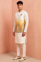 Off White Banarasi Silk Embroidered Kurta Pajama with Jacket