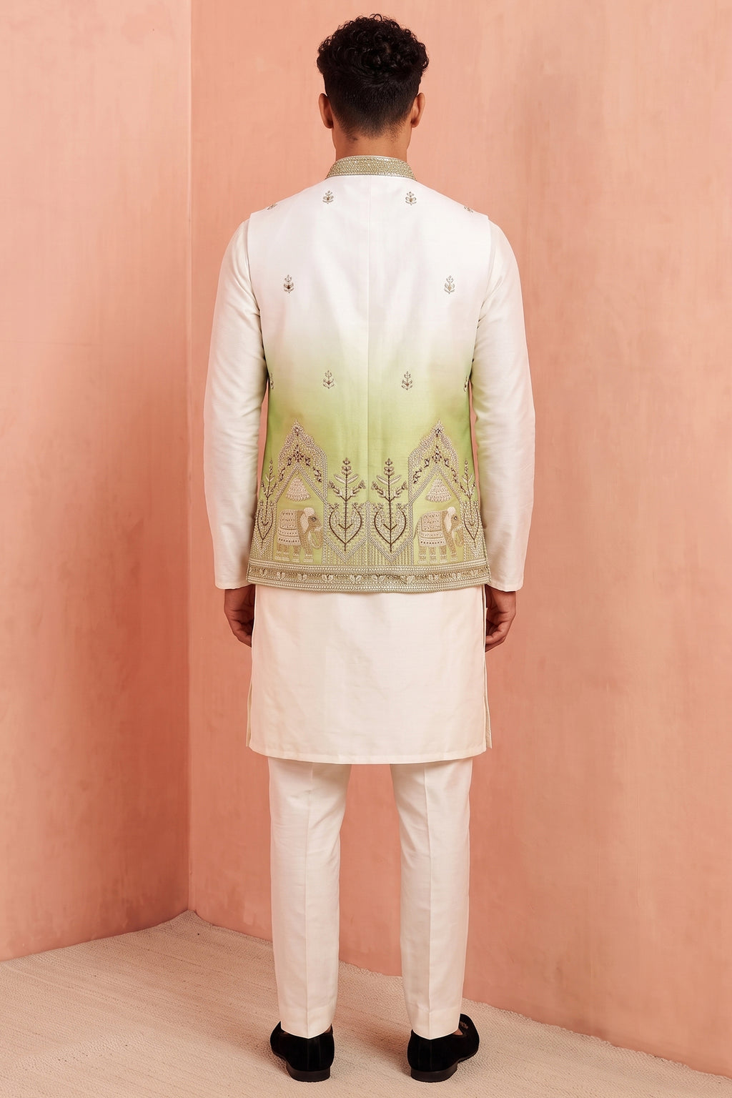 Off White Banarasi Silk Embroidered Kurta Pajama with Jacket