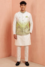 Off White Banarasi Silk Embroidered Kurta Pajama with Jacket