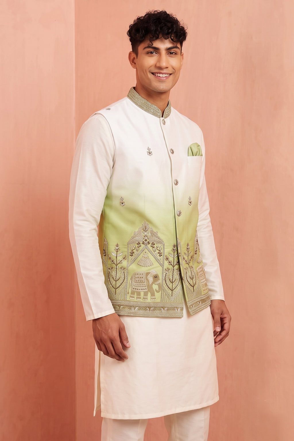 Off White Banarasi Silk Embroidered Kurta Pajama with Jacket
