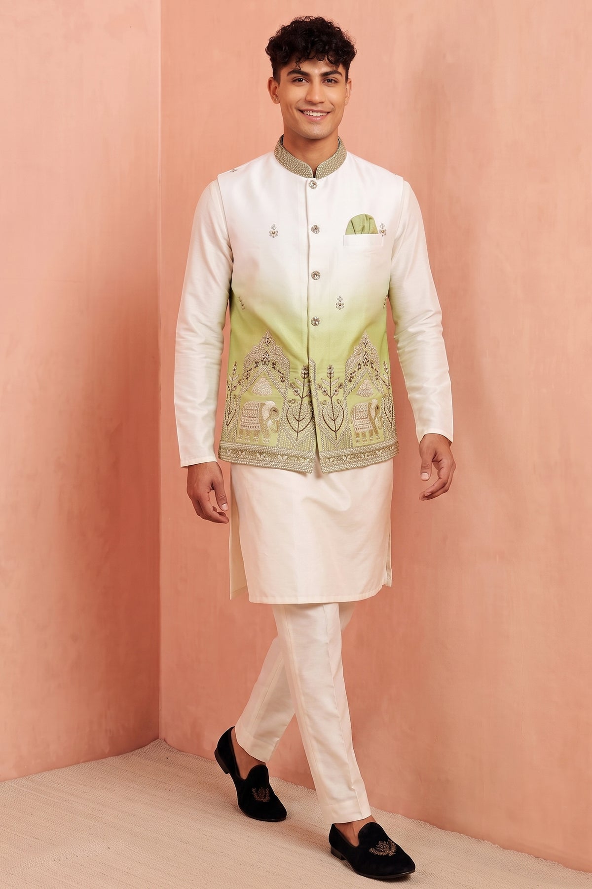 Off White Banarasi Silk Embroidered Kurta Pajama with Jacket