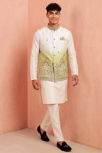 Off White Banarasi Silk Embroidered Kurta Pajama with Jacket