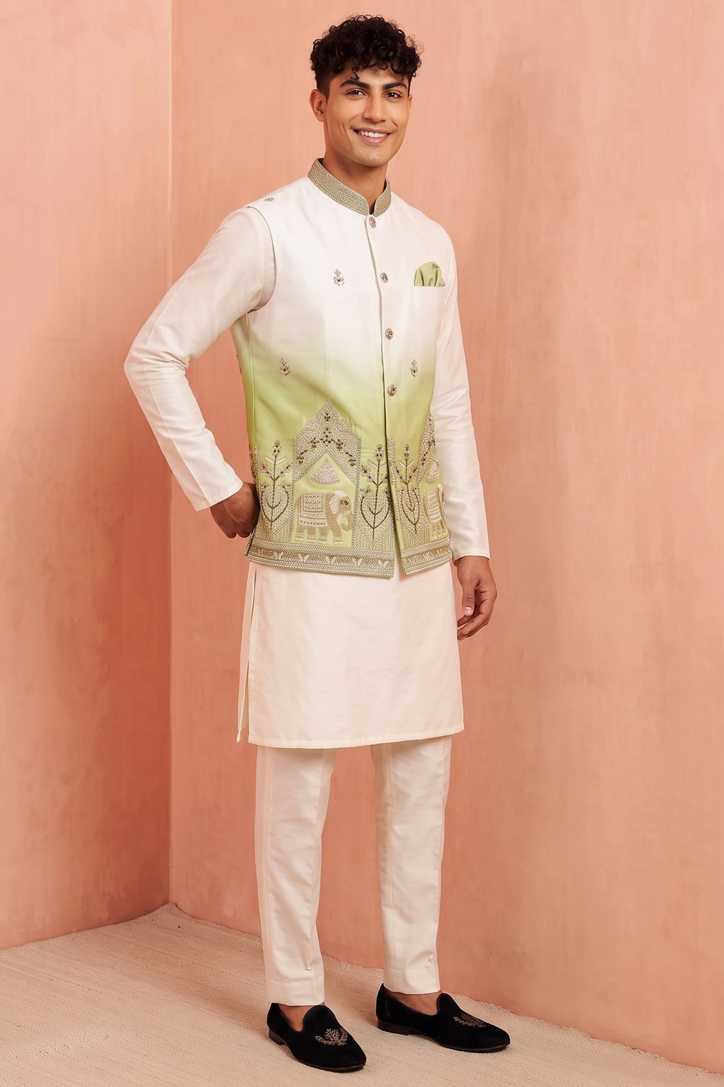 Off White Banarasi Silk Embroidered Kurta Pajama with Jacket