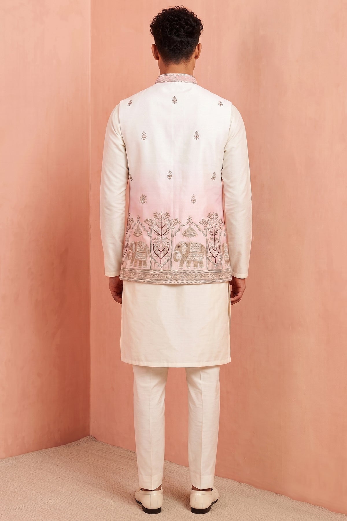 Off White Banarasi Silk Embroidered Kurta Pajama with Jacket
