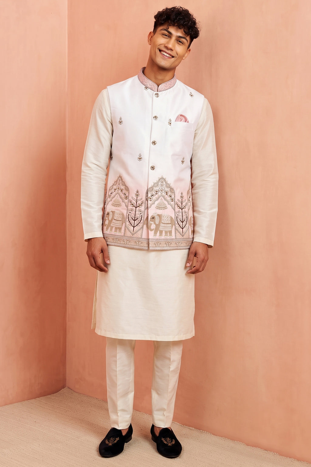 Off White Banarasi Silk Embroidered Kurta Pajama with Jacket