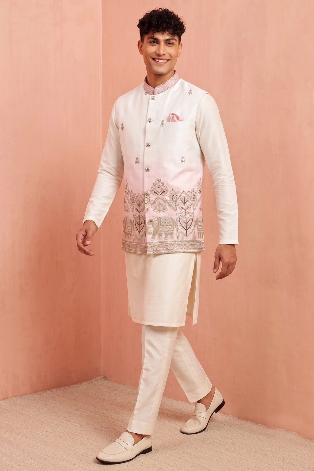 Off White Banarasi Silk Embroidered Kurta Pajama with Jacket