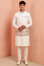 Off White Banarasi Silk Embroidered Kurta Pajama with Jacket