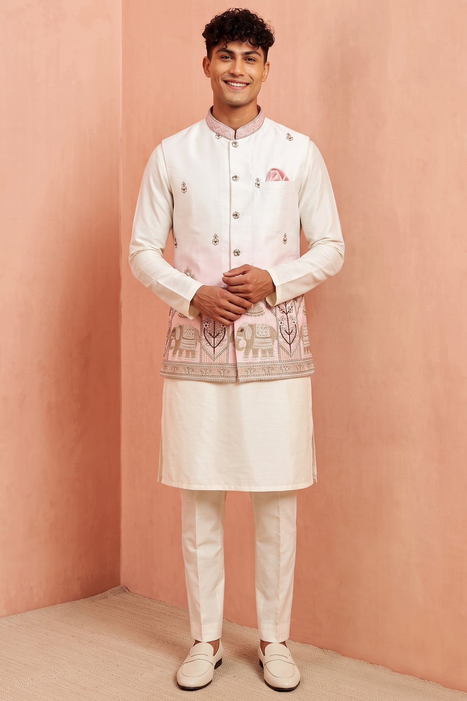 Off White Banarasi Silk Embroidered Kurta Pajama with Jacket