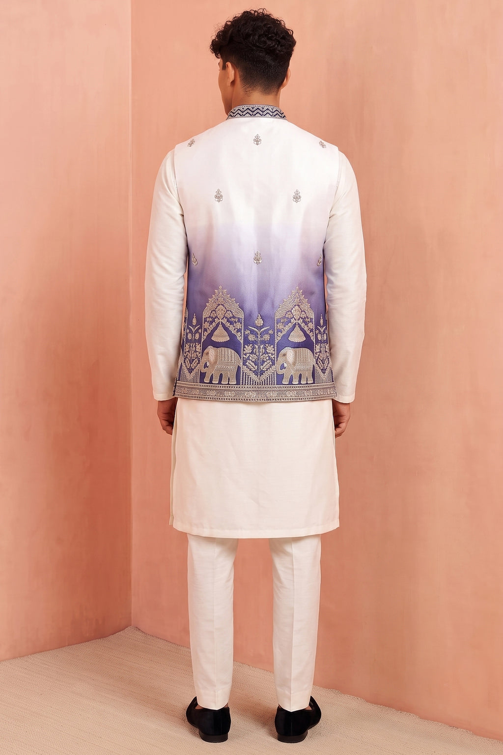Off White Banarasi Silk Embroidered Kurta Pajama with Jacket