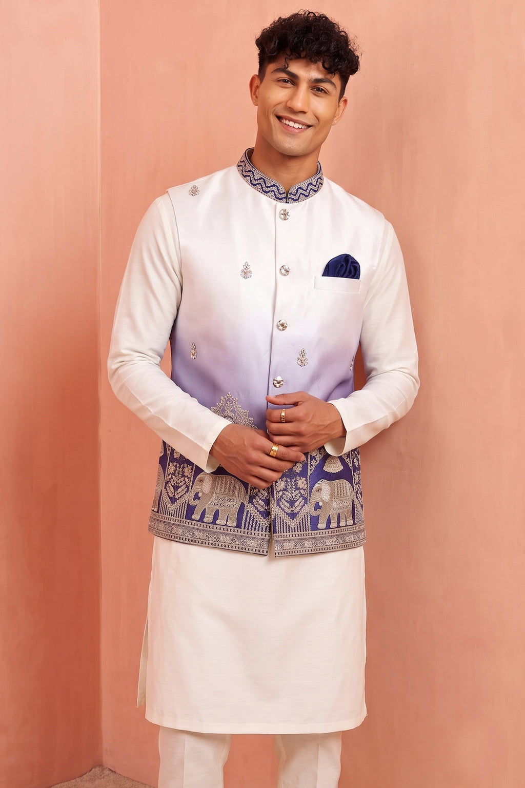 Off White Banarasi Silk Embroidered Kurta Pajama with Jacket