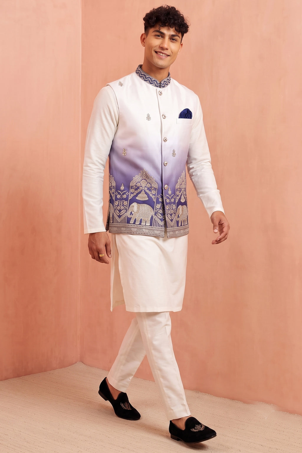 Off White Banarasi Silk Embroidered Kurta Pajama with Jacket