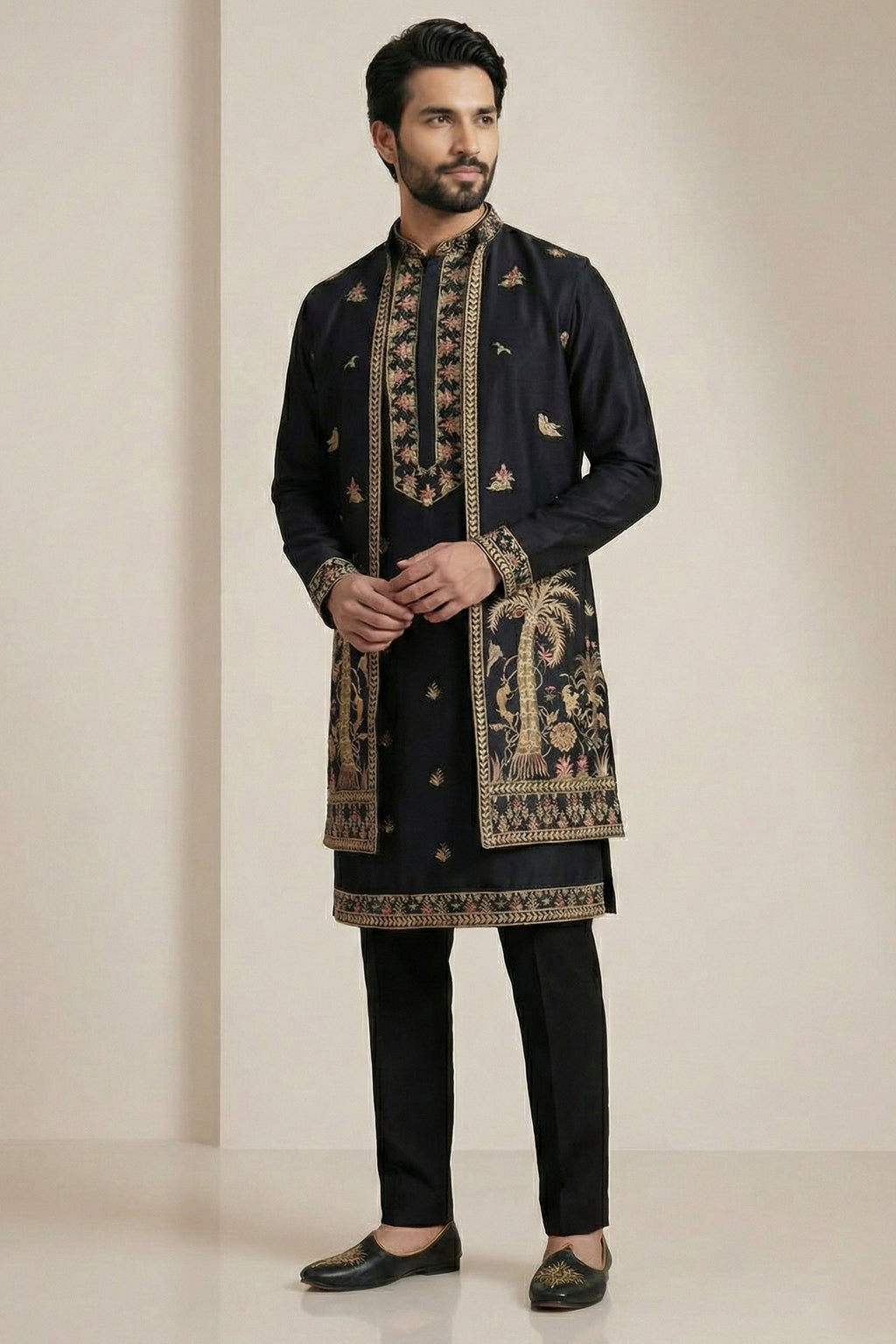 Black Satin Embroidered Jacket Indo Western Set