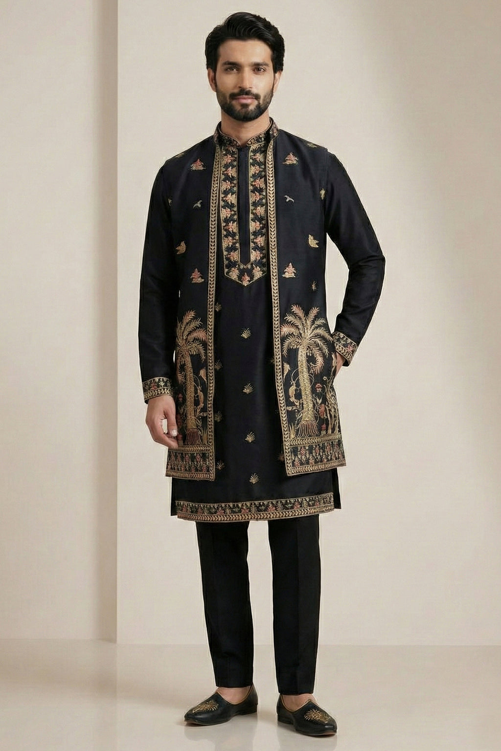 Black Satin Embroidered Jacket Indo Western Set