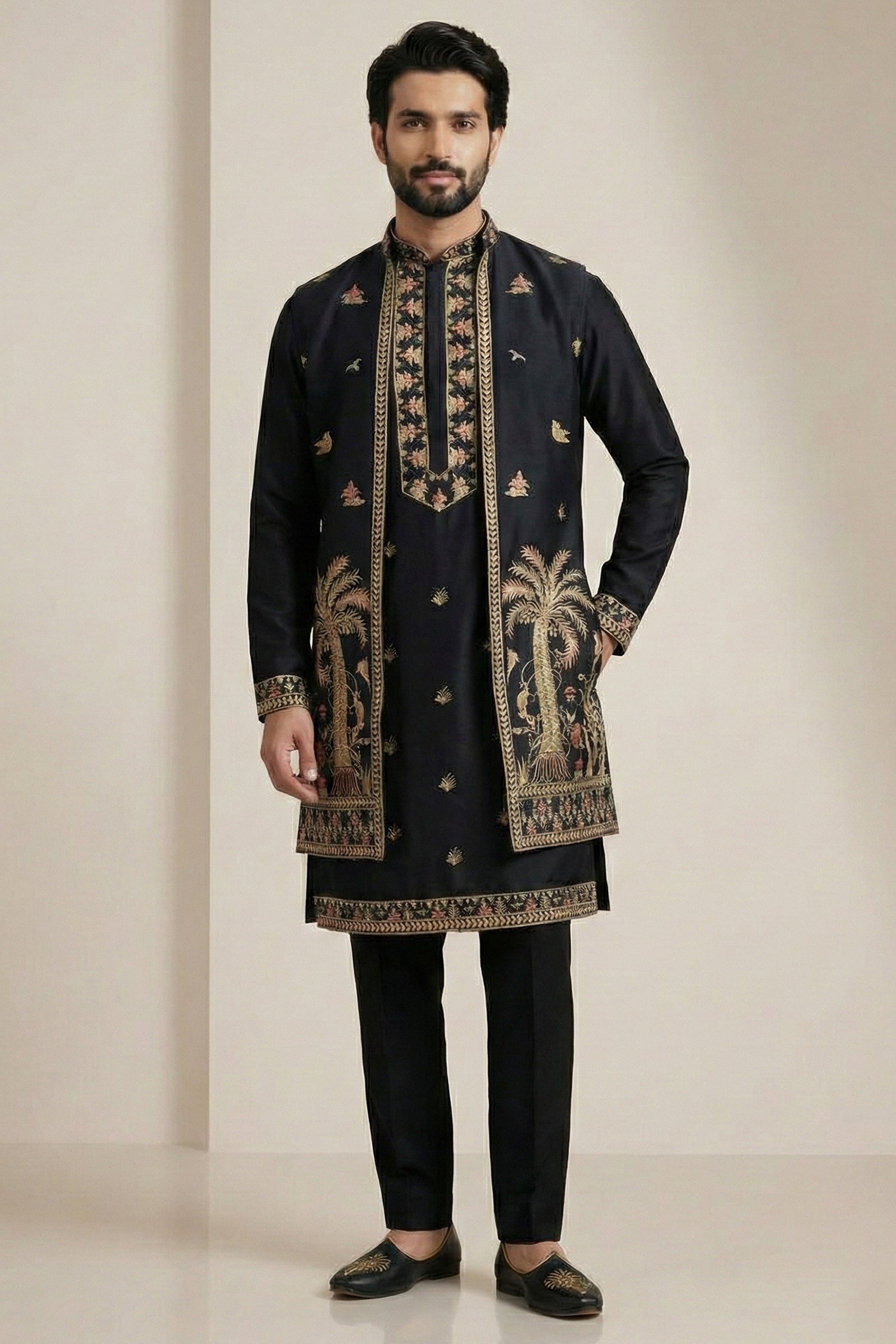 Black Satin Embroidered Jacket Indo Western Set