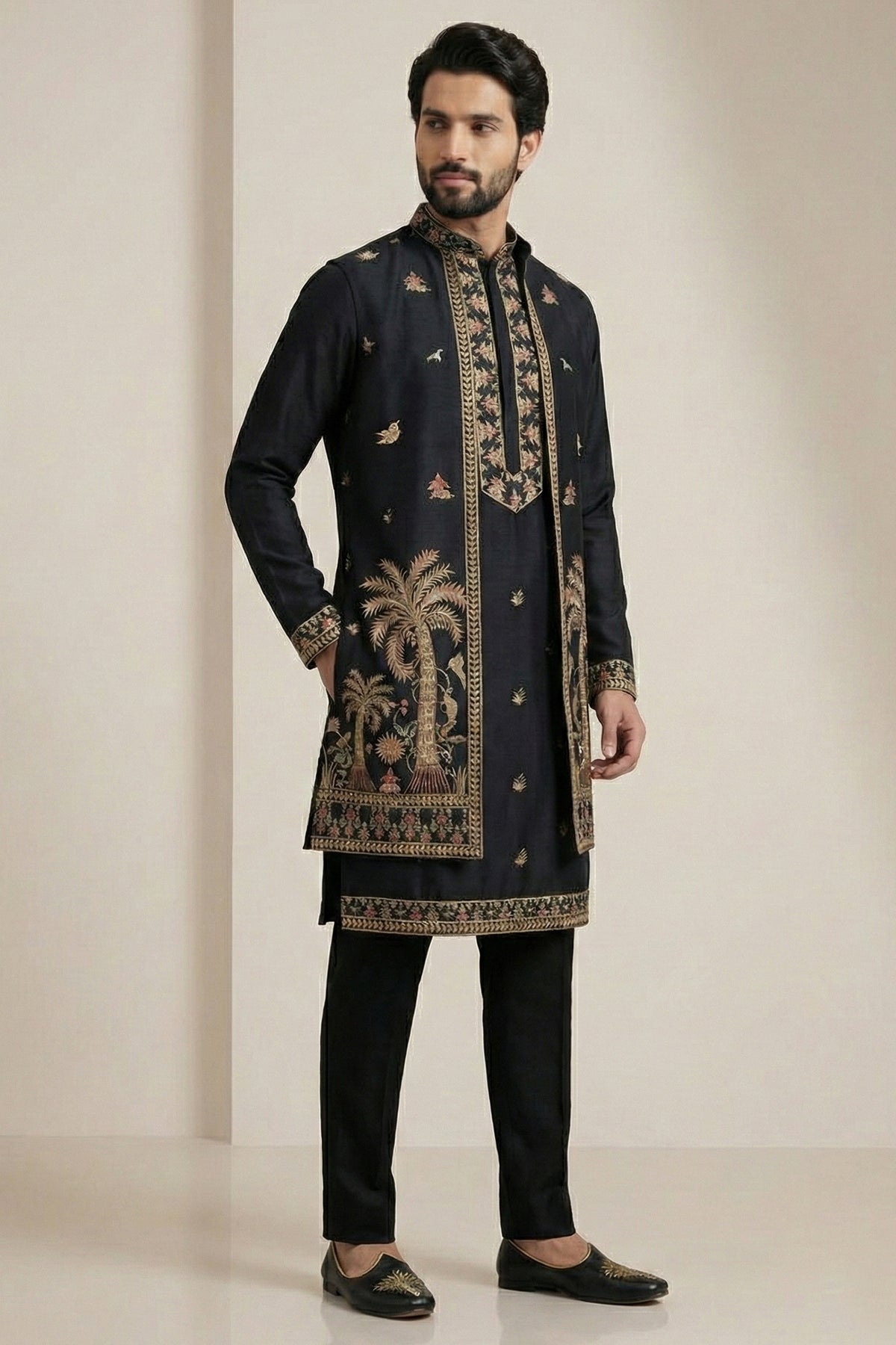 Black Satin Embroidered Jacket Indo Western Set