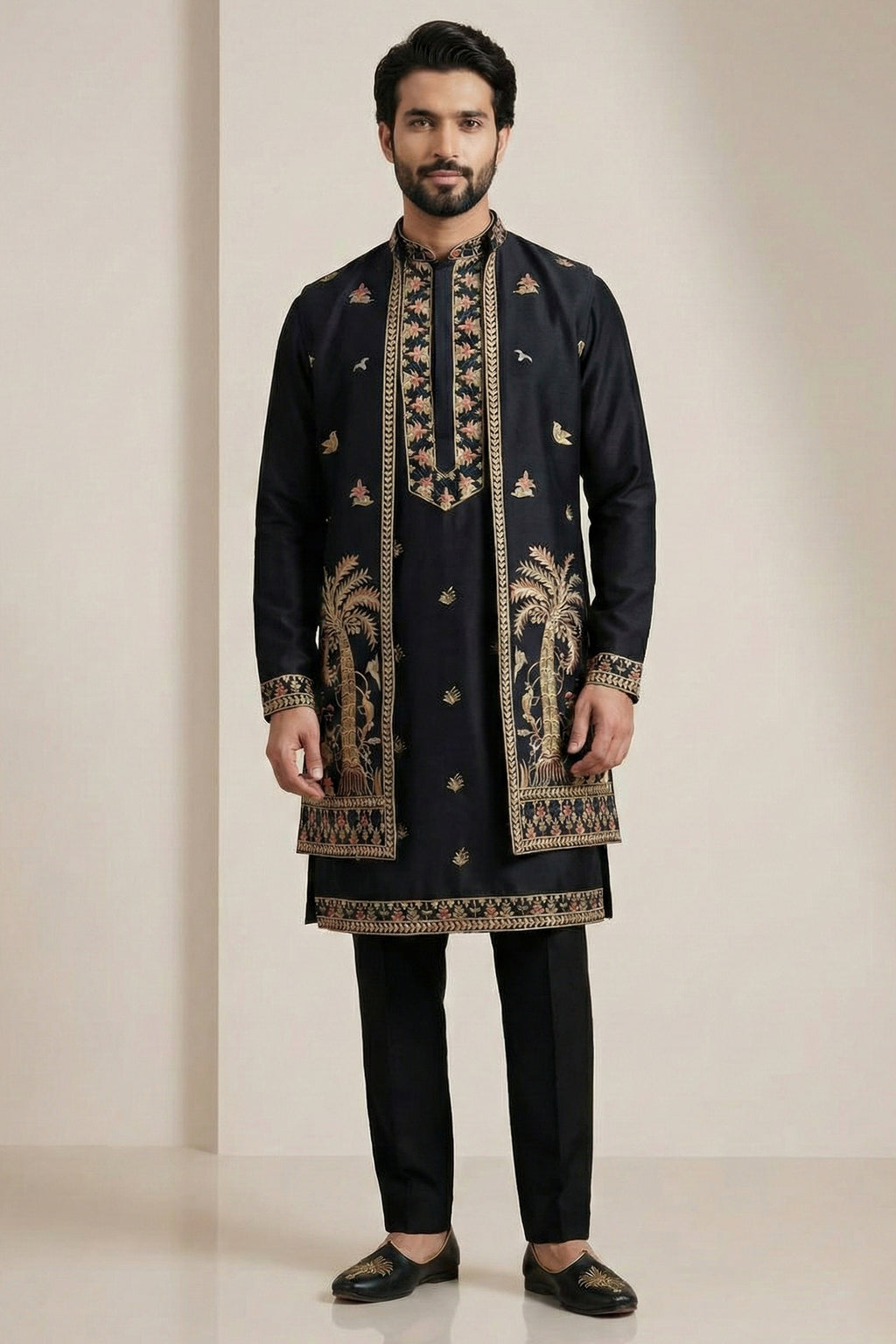 Black Satin Embroidered Jacket Indo Western Set
