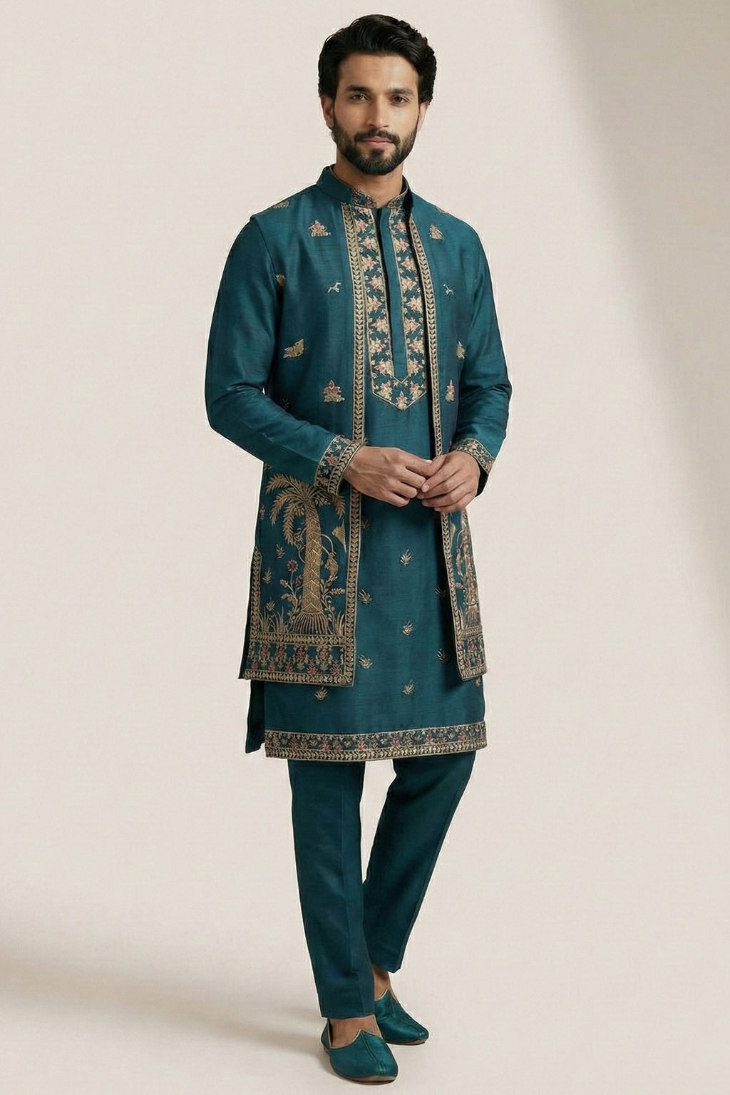 Rama Blue Satin Embroidered Jacket Indo Western Set