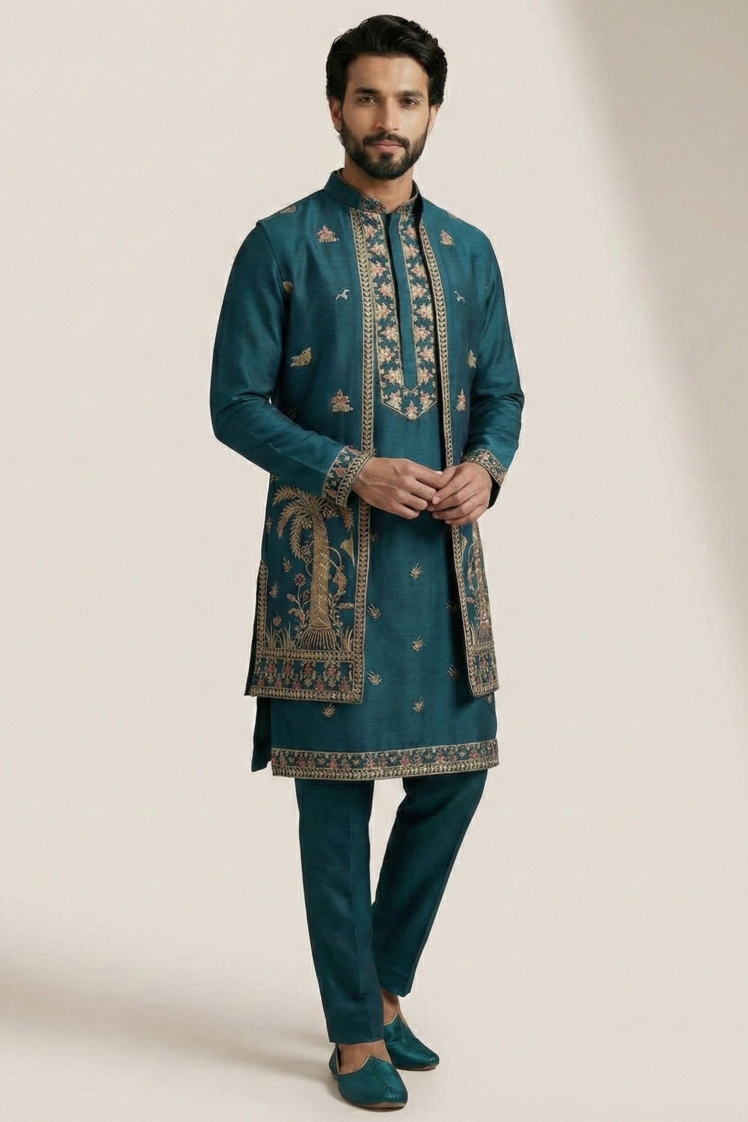 Rama Blue Satin Embroidered Jacket Indo Western Set