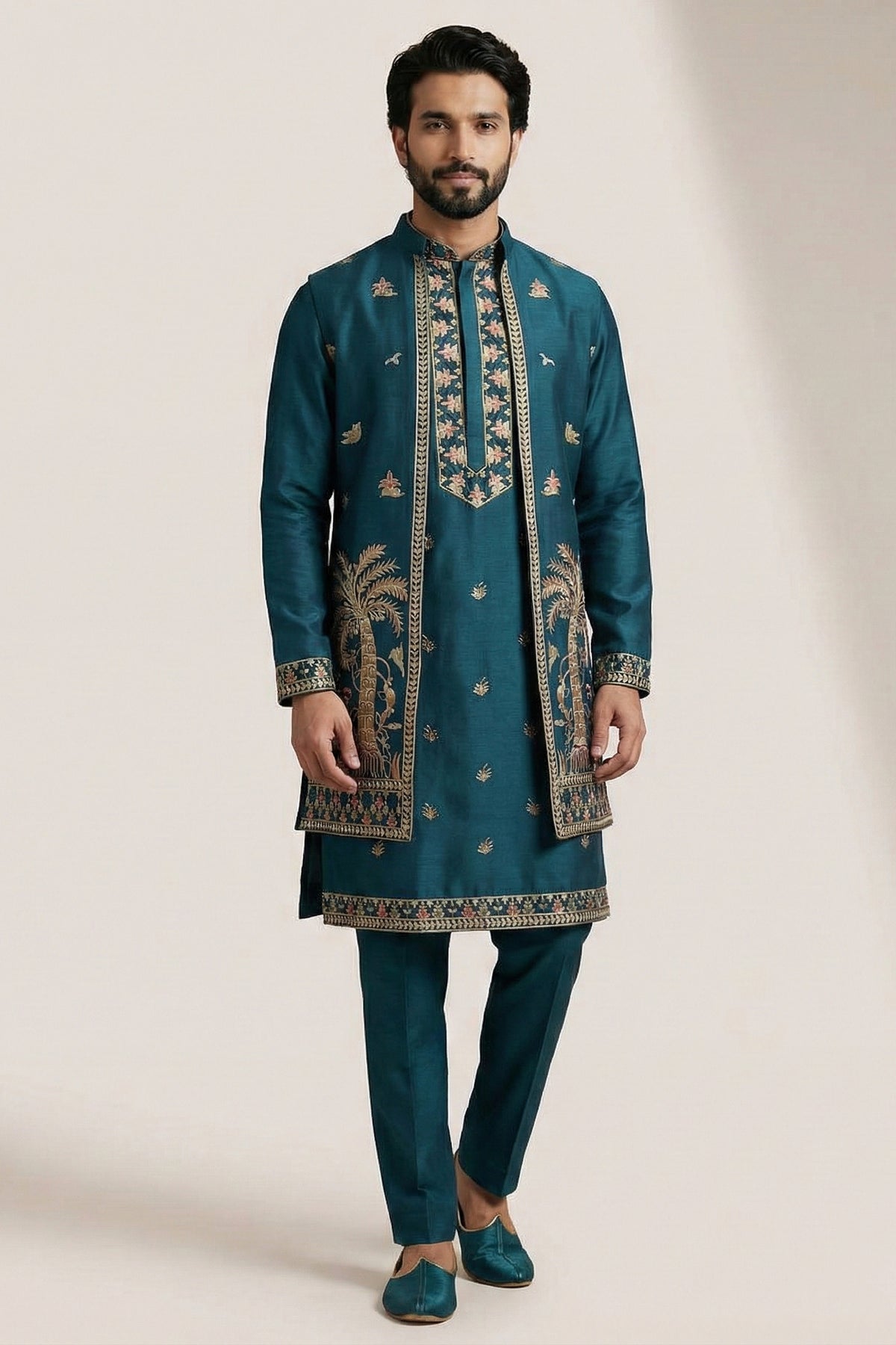 Rama Blue Satin Embroidered Jacket Indo Western Set