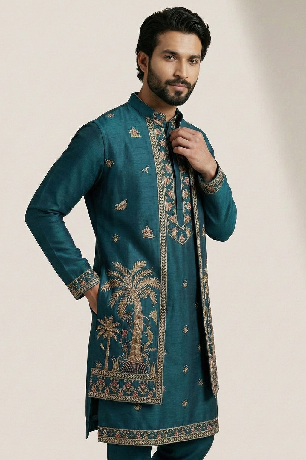Rama Blue Satin Embroidered Jacket Indo Western Set