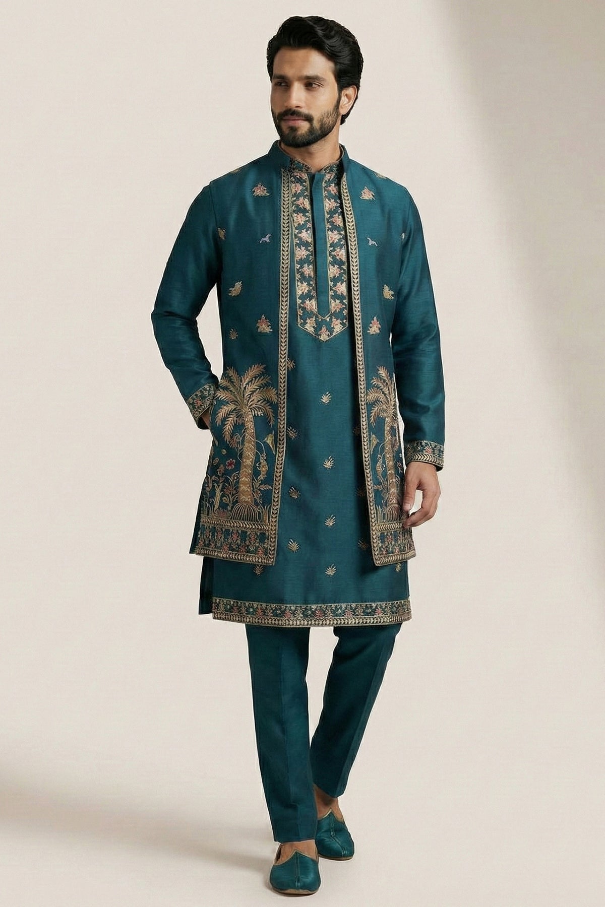 Rama Blue Satin Embroidered Jacket Indo Western Set